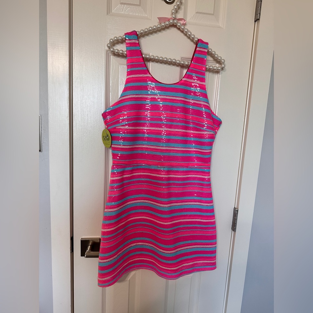 BB Dakota Steve Madden Spice of the Party Sequin Striped Mini Dress Pink Blue 8